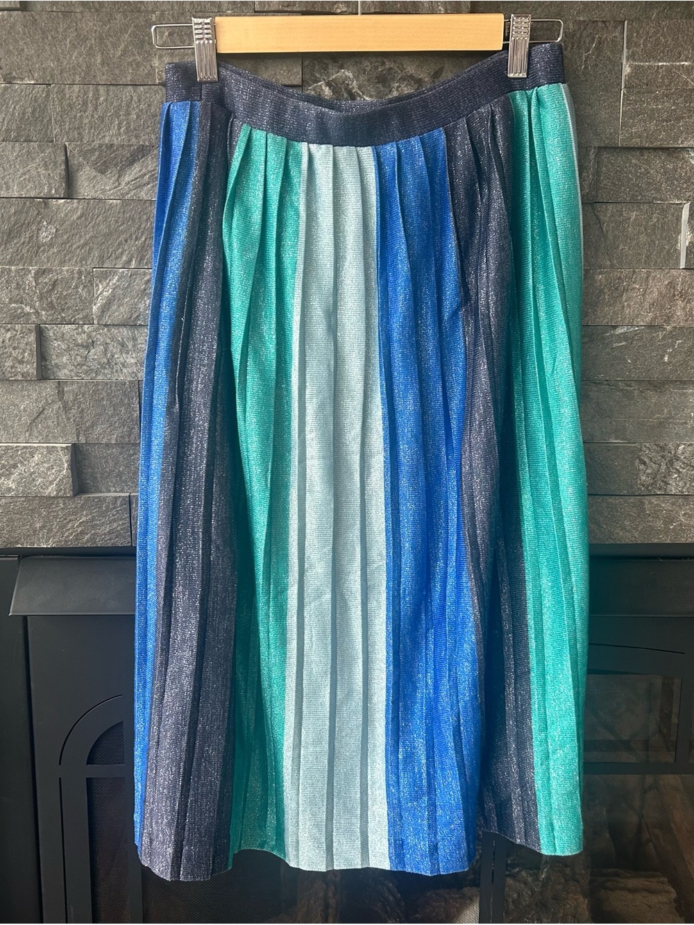 Anthropologie Maeve Colorblock Blue Metallic Shimmer Pleated Midi Skirt - Picture 2 of 5